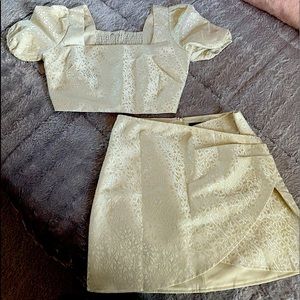 Lulu's Cream Gold Brocade Coordinating Set Crop Top Skirt Small